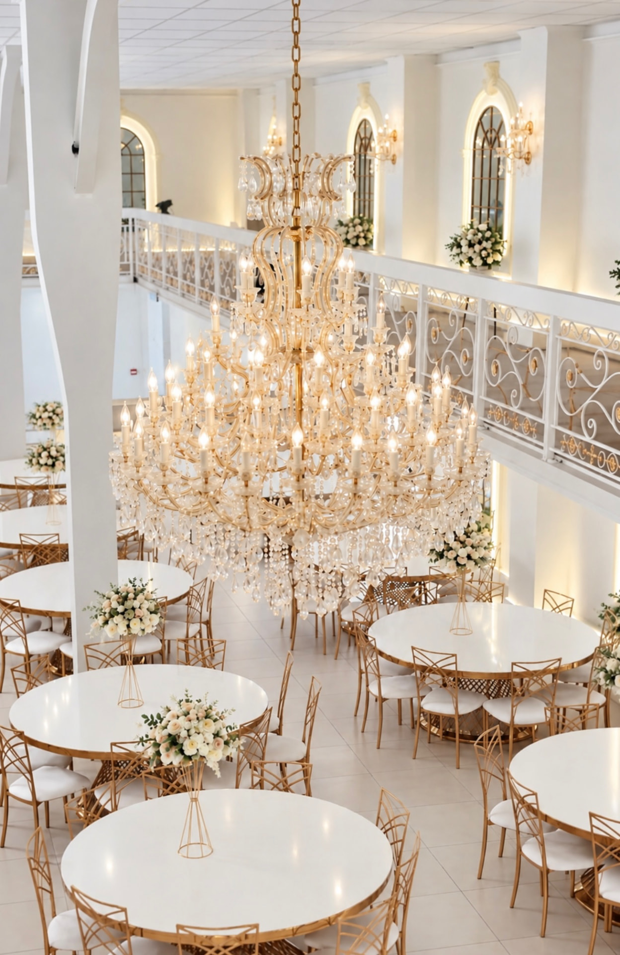 Kristallen kroonluchter boven de feestzaal met goudkleurige stoelen